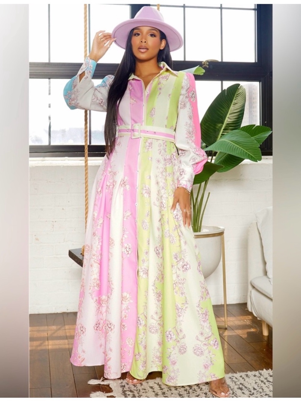 L'ATISTE Pastel Floral Colorblock Maxi Shirt Dress in Pink, Lime & Light Blue - Picture 2 of 2